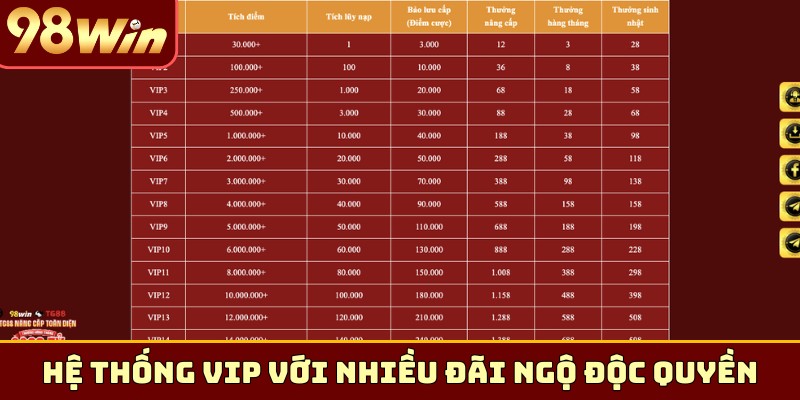 Hệ thống vip với nhiều đãi ngộ độc quyền